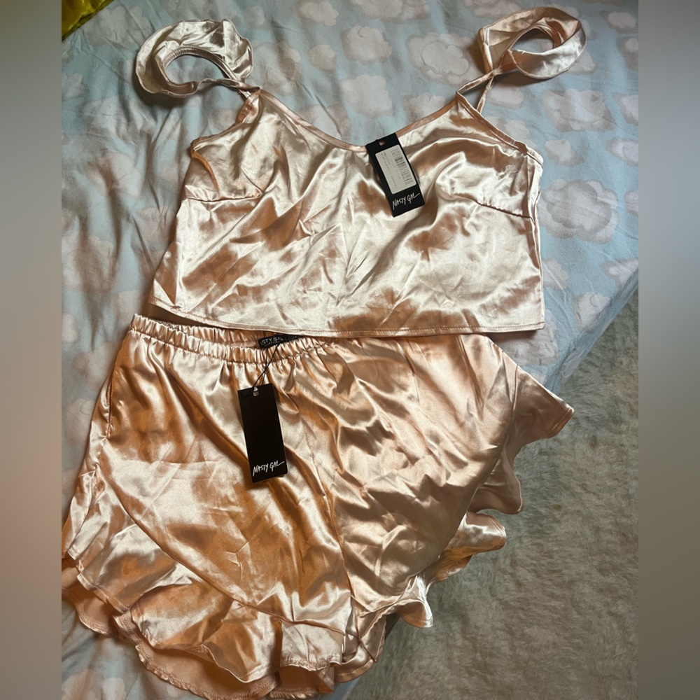 Nasty Gal Satin Chemise Set in Champagne